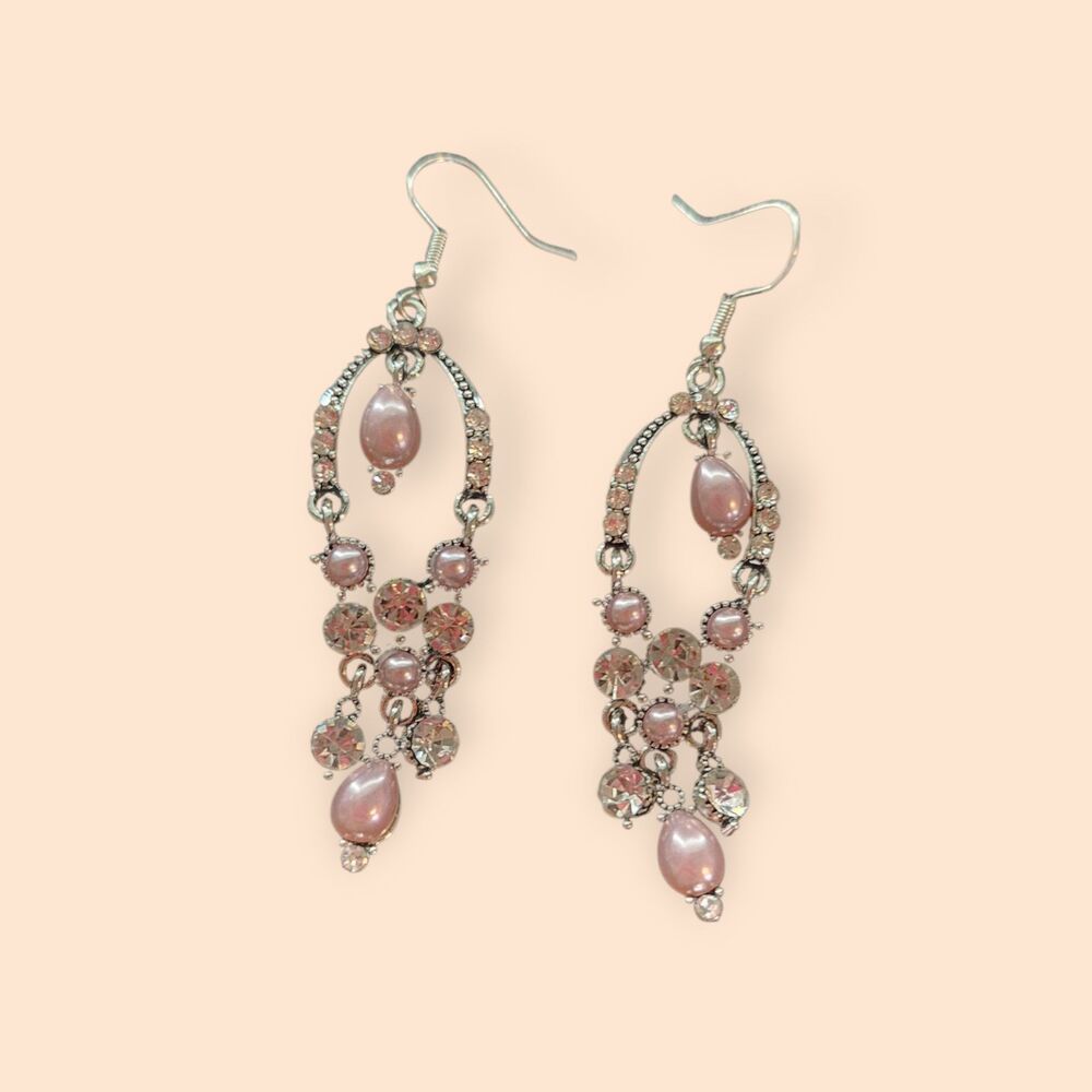 Pink Faux Pearl & Rhinestone Chandelier Earrings (Silver Tone, Vintage Style)